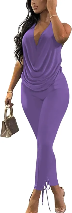 Doweha Women's Sexy Summer Two Piece Outfits Sleeveless Backless Deep V Neck Tank Tops And High Waisted Pants Matching Sets