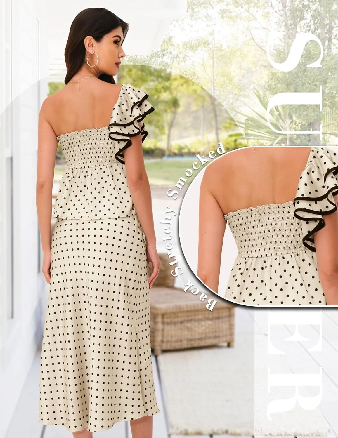 DRESSTELLS Women's 2 Piece Skirt Sets Summer Polka Dot Outfits Smocked Tops and Long Skirt 2025