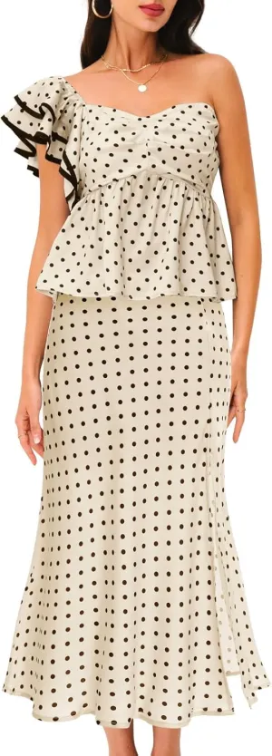 DRESSTELLS Women's 2 Piece Skirt Sets Summer Polka Dot Outfits Smocked Tops and Long Skirt 2025