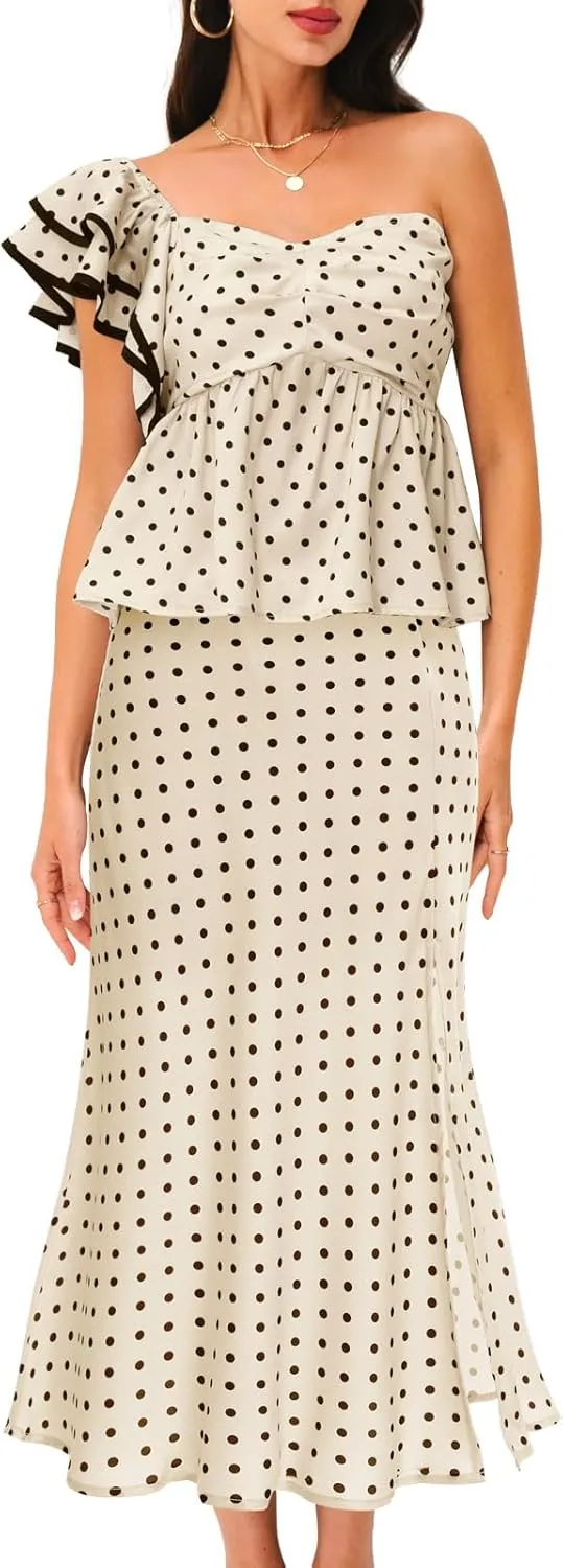 DRESSTELLS Women's 2 Piece Skirt Sets Summer Polka Dot Outfits Smocked Tops and Long Skirt 2025