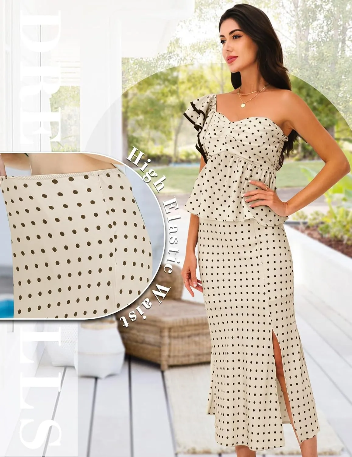 DRESSTELLS Women's 2 Piece Skirt Sets Summer Polka Dot Outfits Smocked Tops and Long Skirt 2025