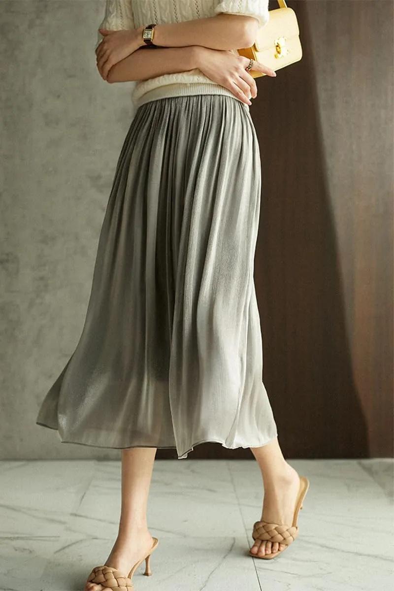 ebossy Women's Summer Elegant Shiny Lustrous Midi Skirt Elastic Waist Pleated Flowy Swing A-line Skirts