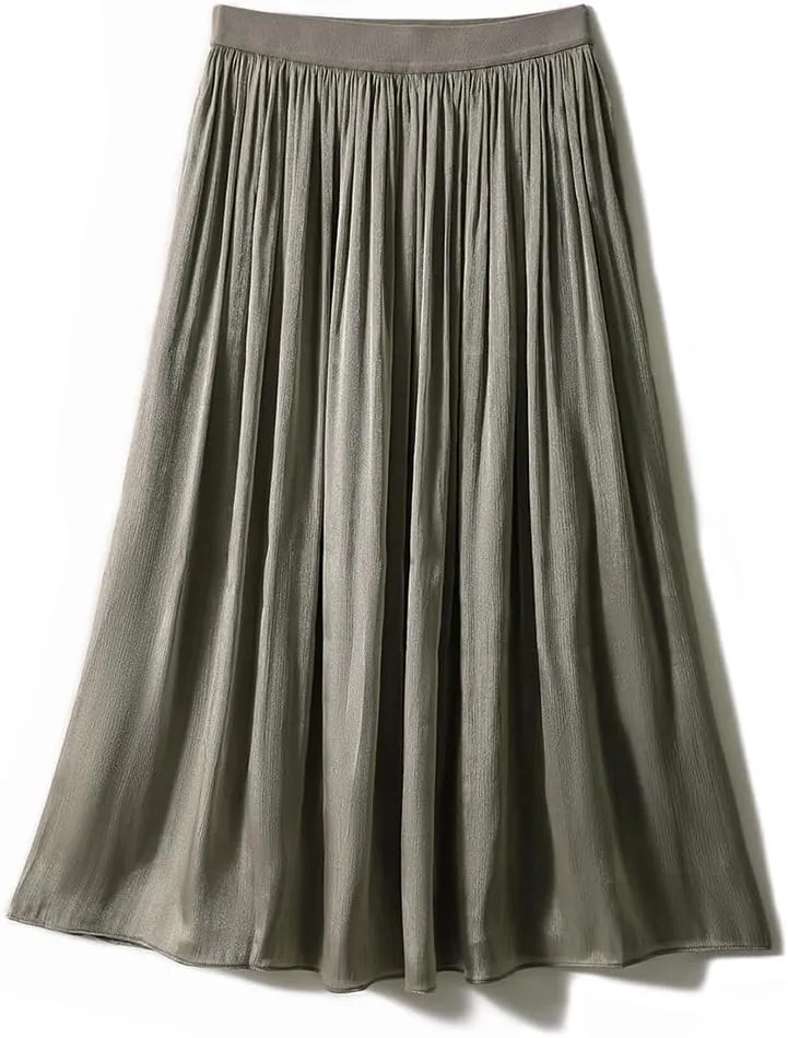 ebossy Women's Summer Elegant Shiny Lustrous Midi Skirt Elastic Waist Pleated Flowy Swing A-line Skirts
