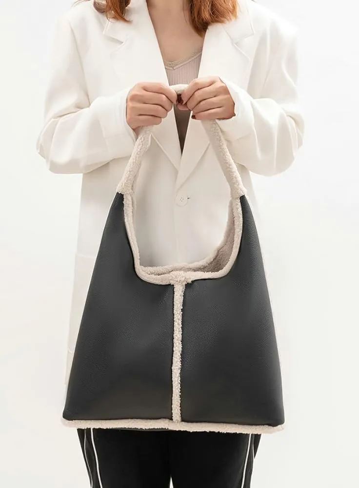 Fashion Bucket Tote Bag for Women PU Leather Shoulder Crossbody Bag Purse Large Handbags Winter Plush Satchel