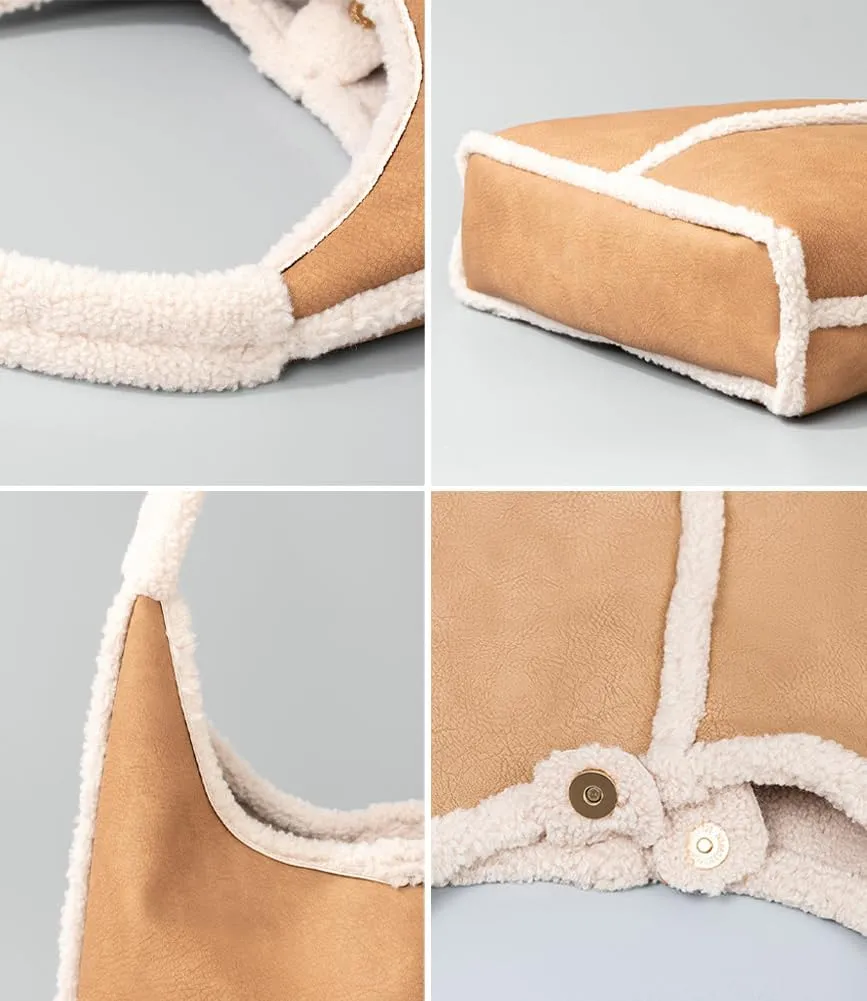 Fashion Bucket Tote Bag for Women PU Leather Shoulder Crossbody Bag Purse Large Handbags Winter Plush Satchel