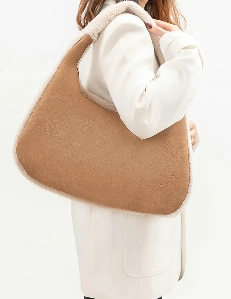 Fashion Bucket Tote Bag for Women PU Leather Shoulder Crossbody Bag Purse Large Handbags Winter Plush Satchel