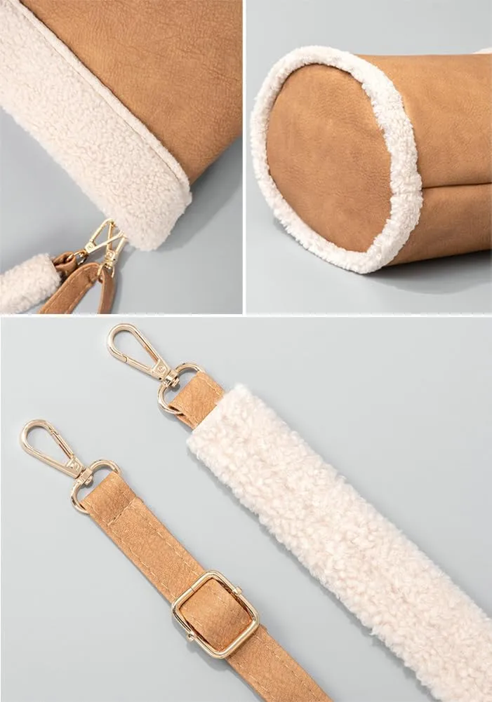 Fashion Bucket Tote Bag for Women PU Leather Shoulder Crossbody Bag Purse Large Handbags Winter Plush Satchel