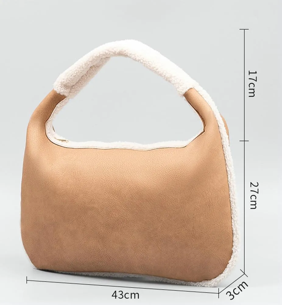 Fashion Bucket Tote Bag for Women PU Leather Shoulder Crossbody Bag Purse Large Handbags Winter Plush Satchel