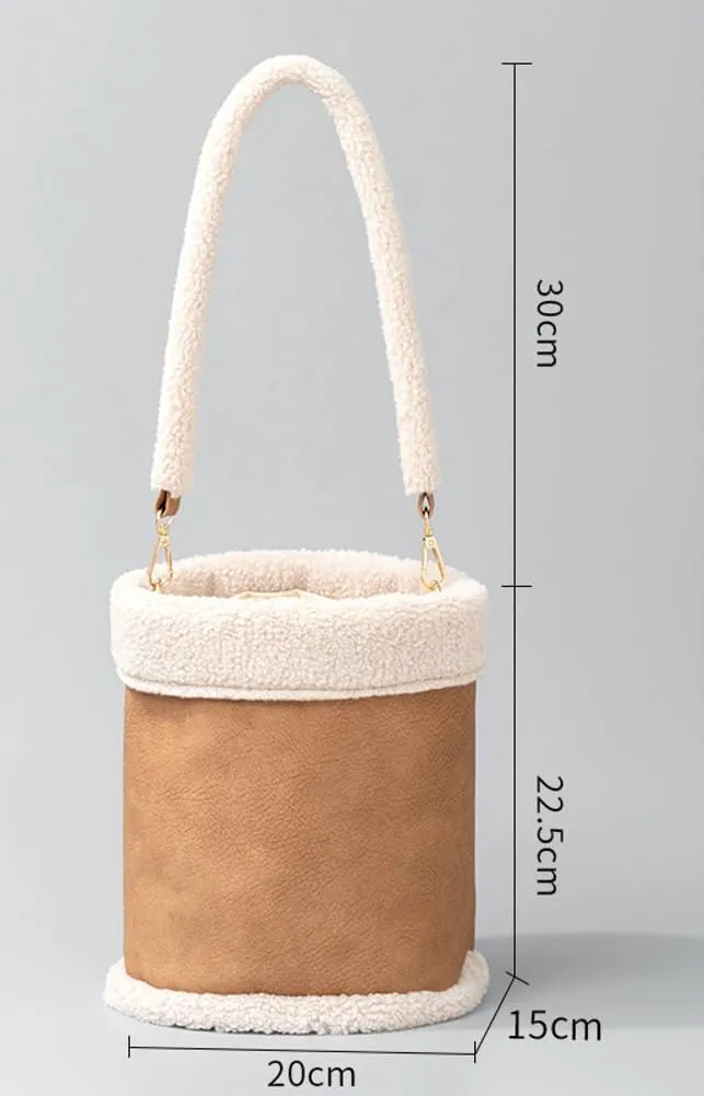 Fashion Bucket Tote Bag for Women PU Leather Shoulder Crossbody Bag Purse Large Handbags Winter Plush Satchel