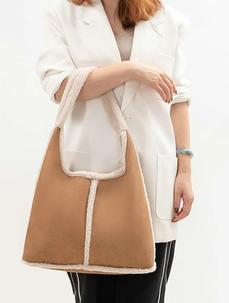 Fashion Bucket Tote Bag for Women PU Leather Shoulder Crossbody Bag Purse Large Handbags Winter Plush Satchel