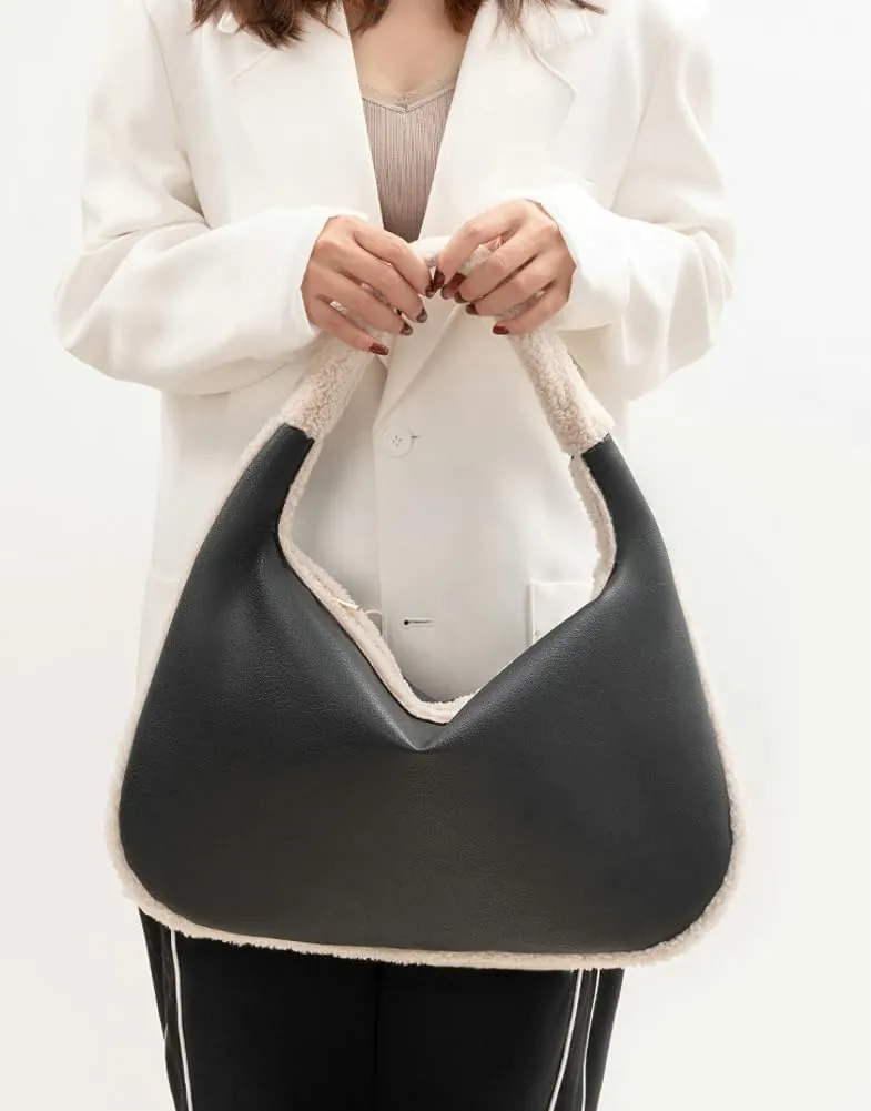 Fashion Bucket Tote Bag for Women PU Leather Shoulder Crossbody Bag Purse Large Handbags Winter Plush Satchel