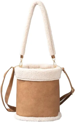 Fashion Bucket Tote Bag for Women PU Leather Shoulder Crossbody Bag Purse Large Handbags Winter Plush Satchel
