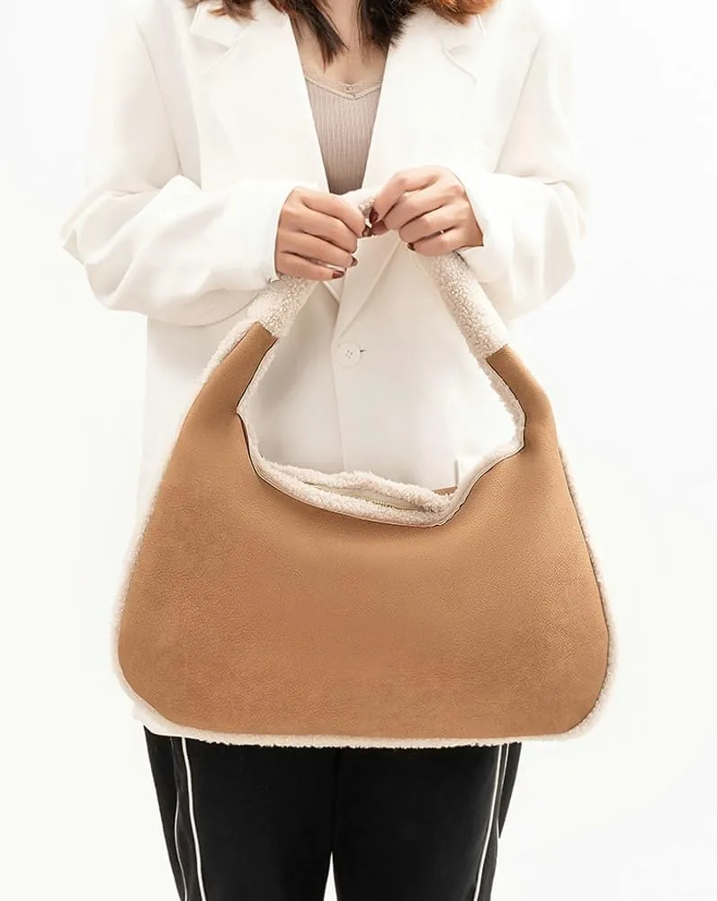 Fashion Bucket Tote Bag for Women PU Leather Shoulder Crossbody Bag Purse Large Handbags Winter Plush Satchel