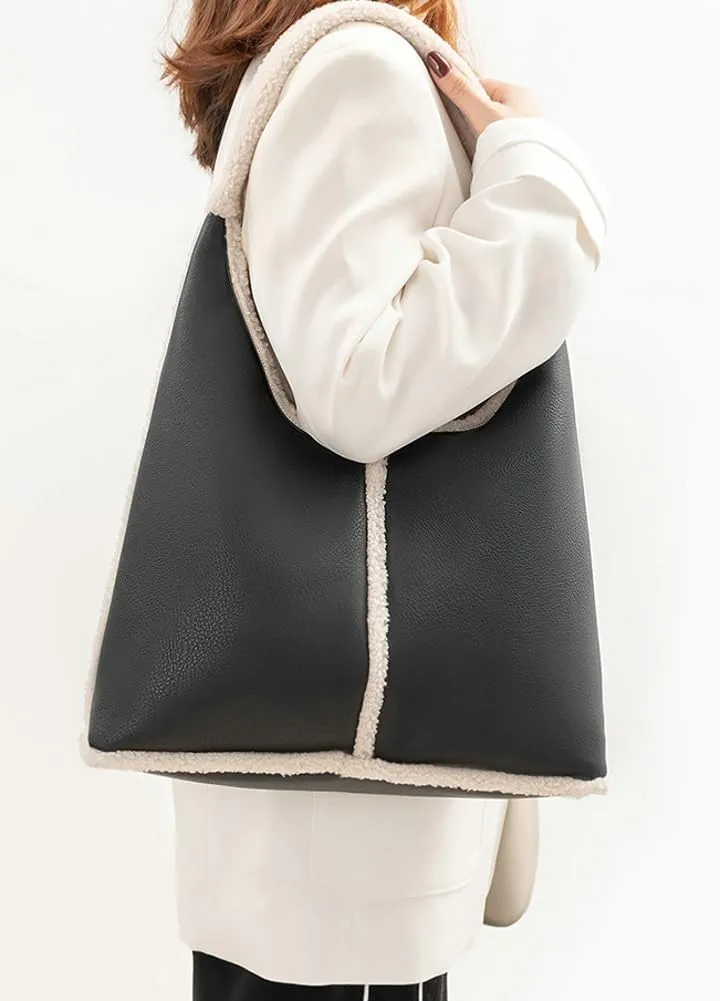 Fashion Bucket Tote Bag for Women PU Leather Shoulder Crossbody Bag Purse Large Handbags Winter Plush Satchel