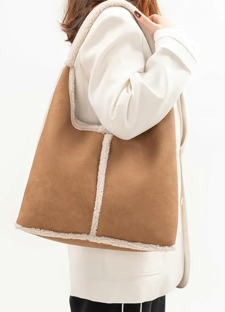 Fashion Bucket Tote Bag for Women PU Leather Shoulder Crossbody Bag Purse Large Handbags Winter Plush Satchel