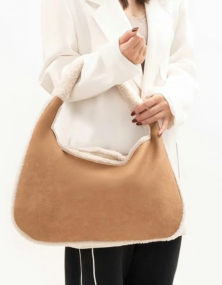 Fashion Bucket Tote Bag for Women PU Leather Shoulder Crossbody Bag Purse Large Handbags Winter Plush Satchel