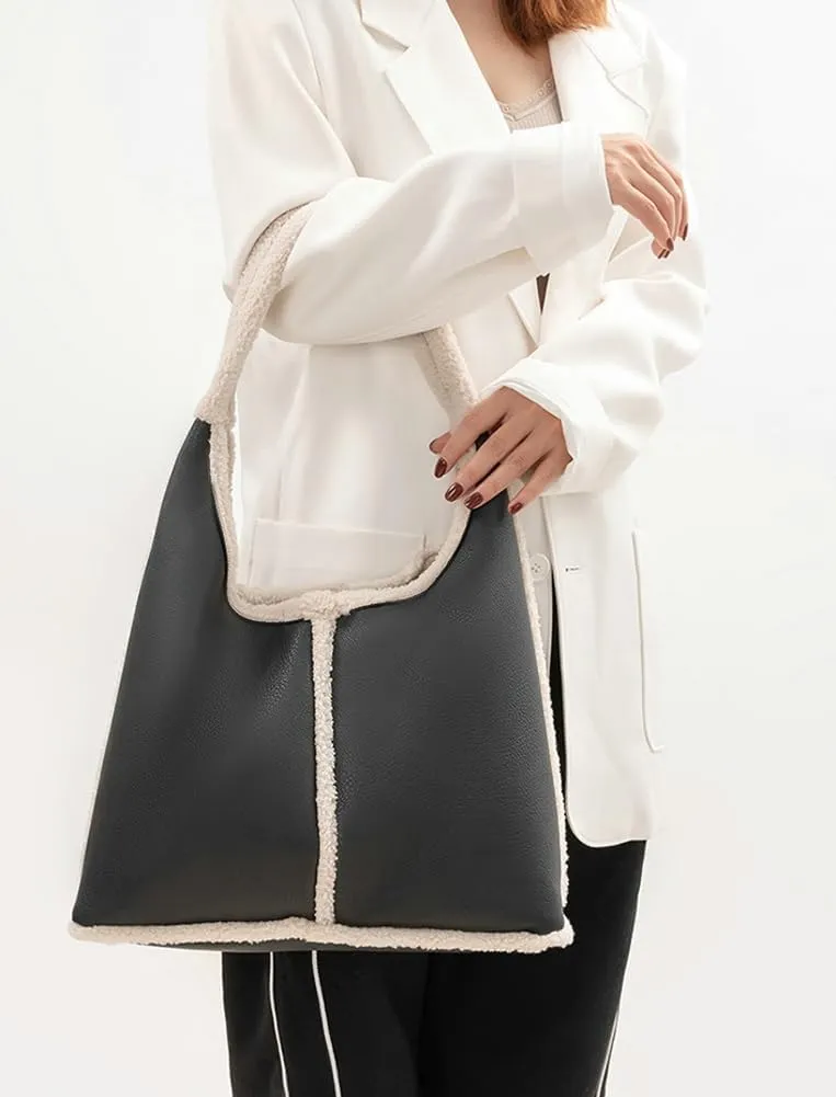 Fashion Bucket Tote Bag for Women PU Leather Shoulder Crossbody Bag Purse Large Handbags Winter Plush Satchel