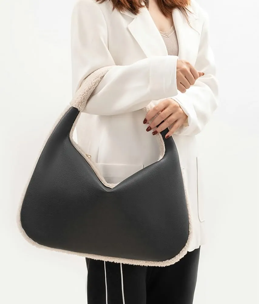 Fashion Bucket Tote Bag for Women PU Leather Shoulder Crossbody Bag Purse Large Handbags Winter Plush Satchel