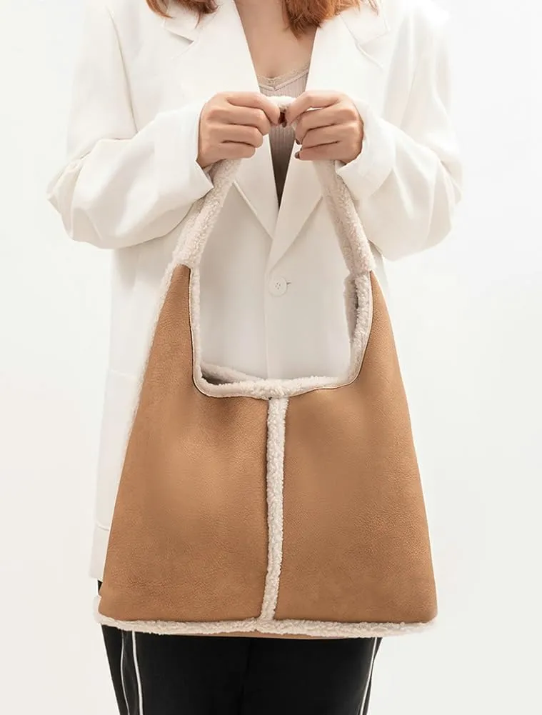 Fashion Bucket Tote Bag for Women PU Leather Shoulder Crossbody Bag Purse Large Handbags Winter Plush Satchel