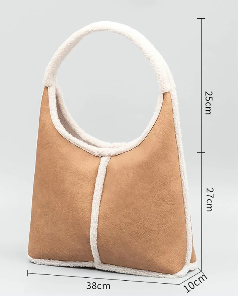 Fashion Bucket Tote Bag for Women PU Leather Shoulder Crossbody Bag Purse Large Handbags Winter Plush Satchel