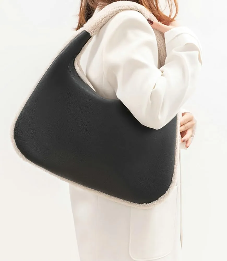 Fashion Bucket Tote Bag for Women PU Leather Shoulder Crossbody Bag Purse Large Handbags Winter Plush Satchel