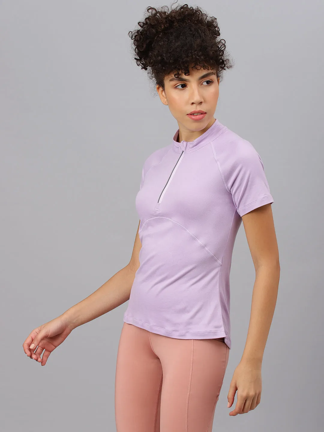 Fitkin women's Lavender high neck front zipper short sleeves t-shirt