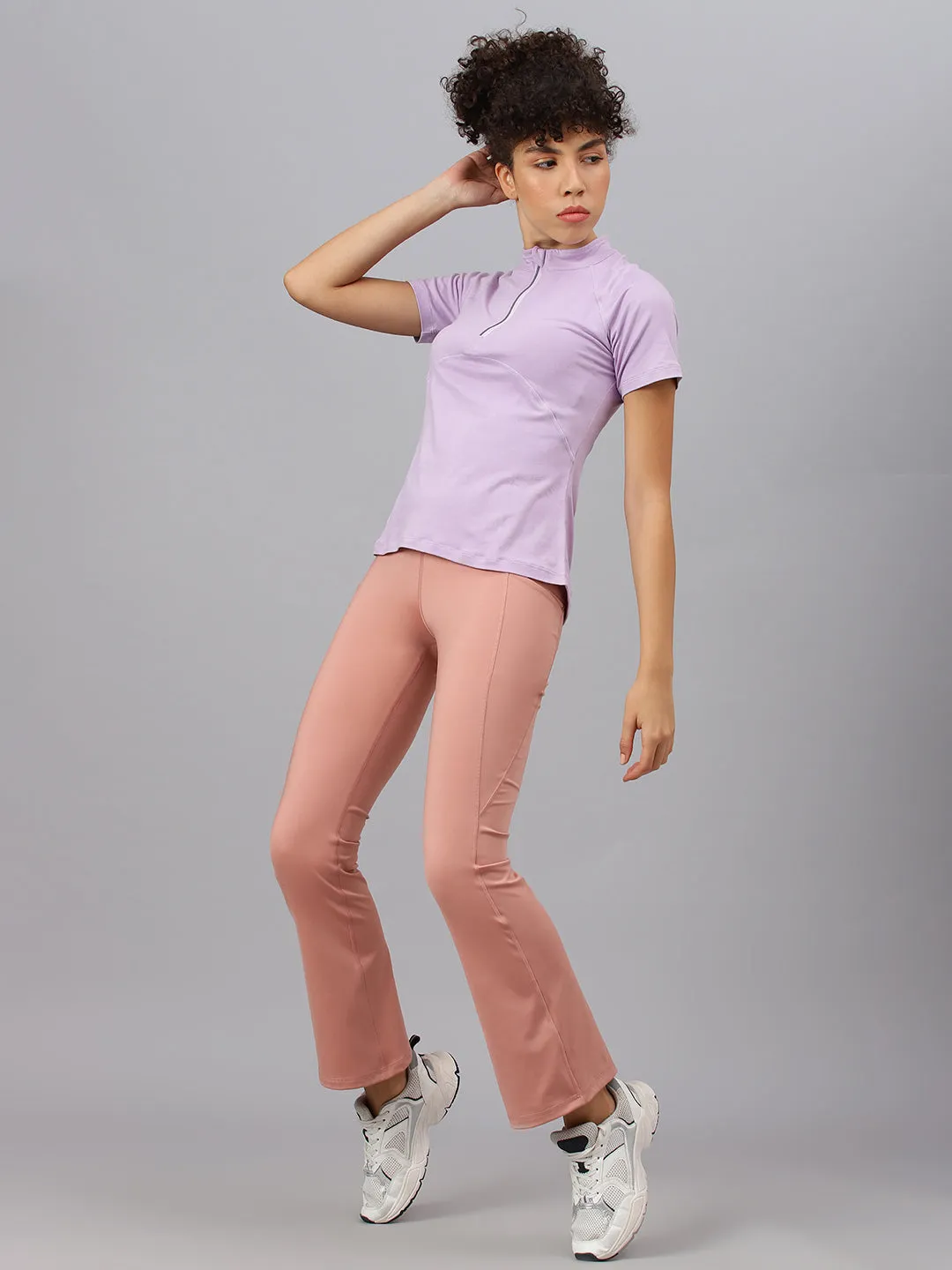 Fitkin women's Lavender high neck front zipper short sleeves t-shirt