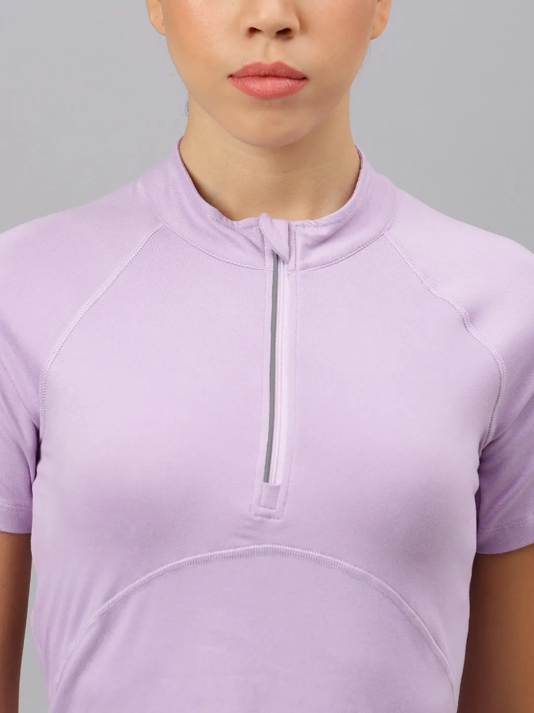 Fitkin women's Lavender high neck front zipper short sleeves t-shirt