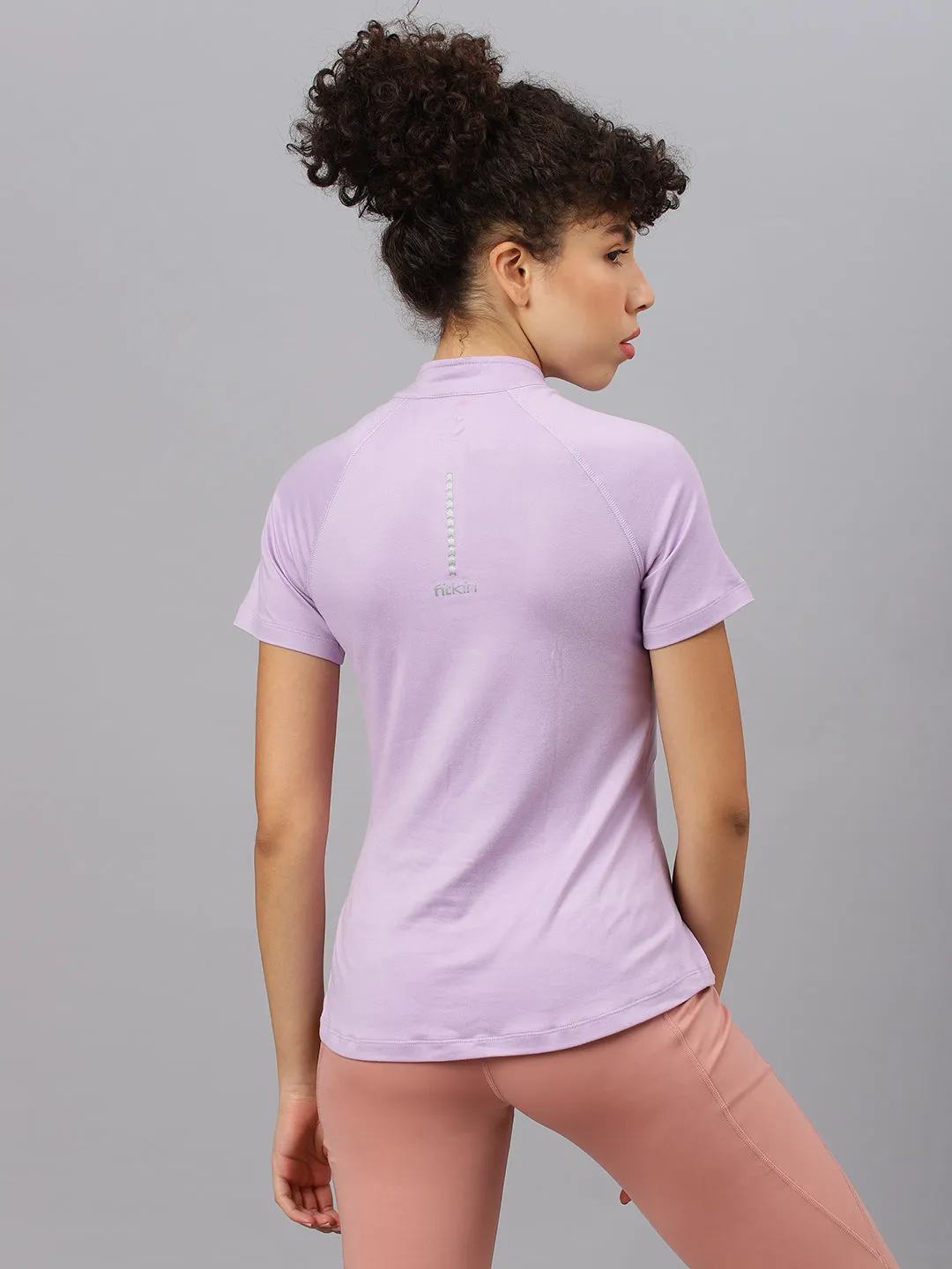Fitkin women's Lavender high neck front zipper short sleeves t-shirt