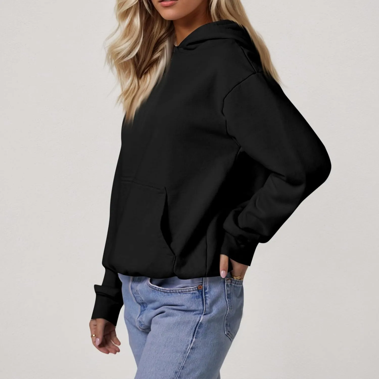 Fleece Hoodie Women Oversized Plain Hooded Sweatshirt Casual Long Sleeve Pullover Tops Comfy Drop Shoulder Sweater