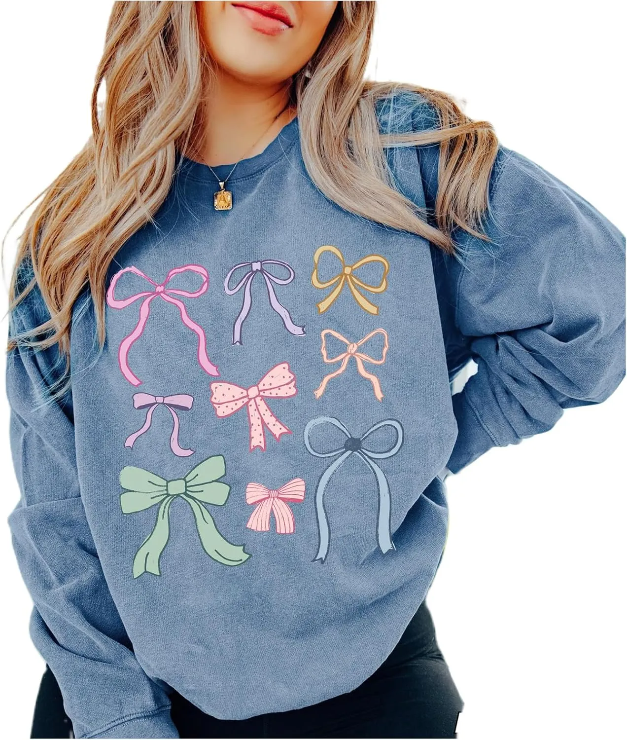 FOMOYUU Women's Bow Trim Print Hoodies Sweatshirts Oversized Long Sleeve Hooded Y2k Graphic Drop Shoulder Pullover Top