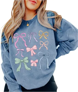FOMOYUU Women's Bow Trim Print Hoodies Sweatshirts Oversized Long Sleeve Hooded Y2k Graphic Drop Shoulder Pullover Top