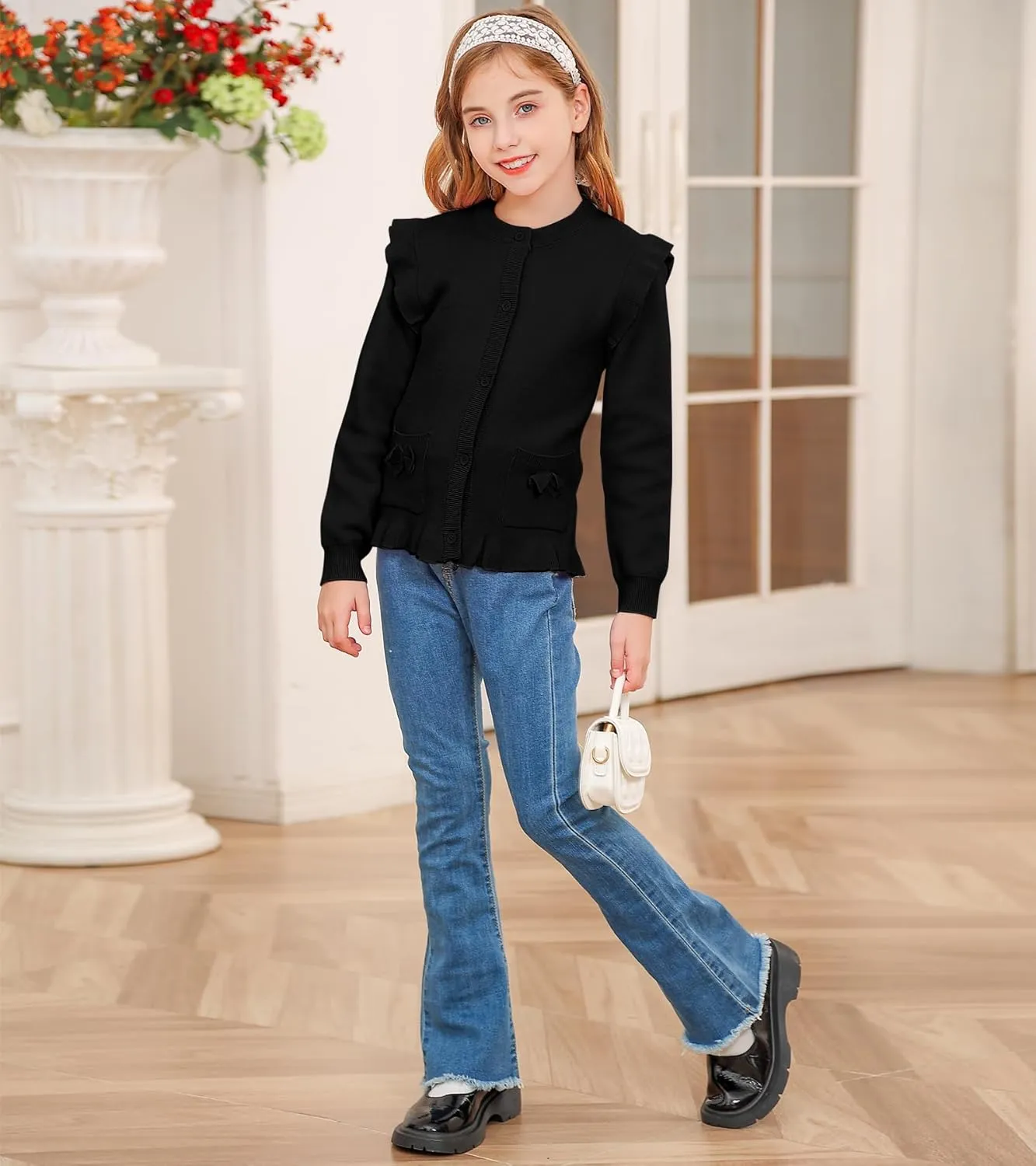 Girls Cardigan Sweater School Uniforms Button Crewneck Cute Ruffle Long Sleeve with Pockets Bowknot Knit Tops