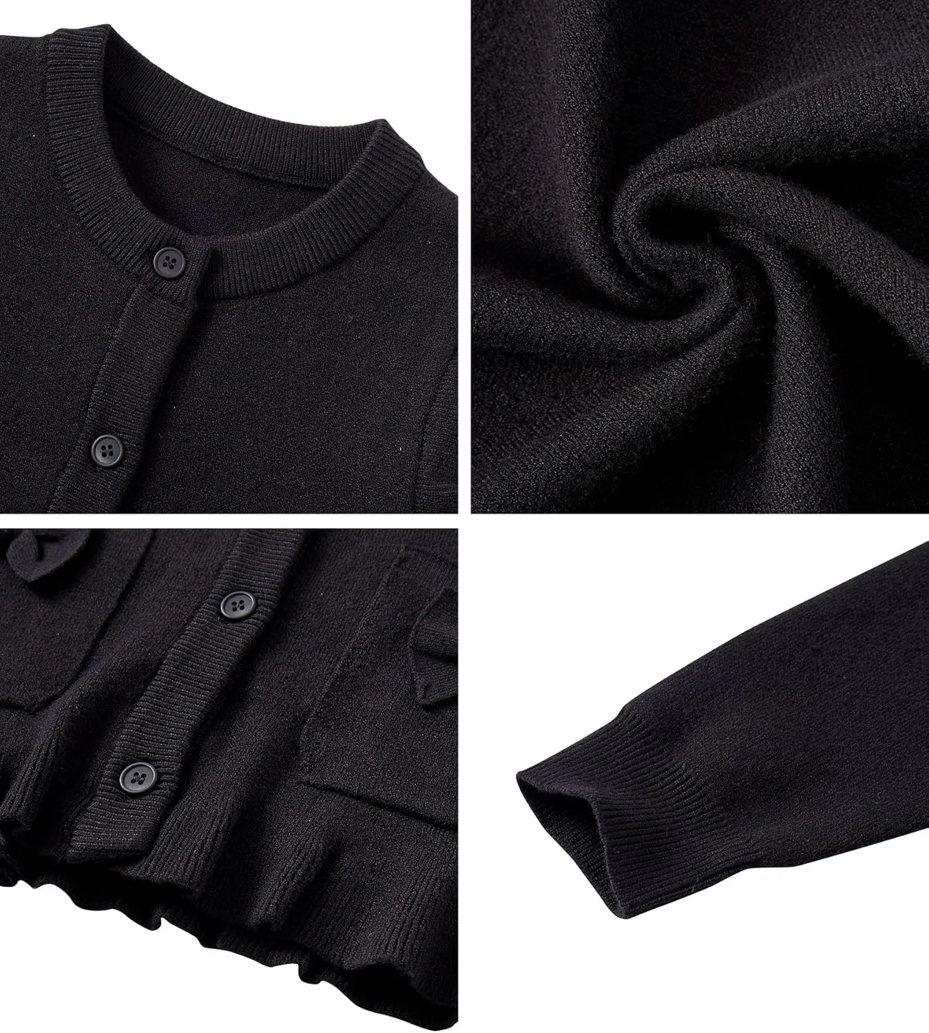 Girls Cardigan Sweater School Uniforms Button Crewneck Cute Ruffle Long Sleeve with Pockets Bowknot Knit Tops