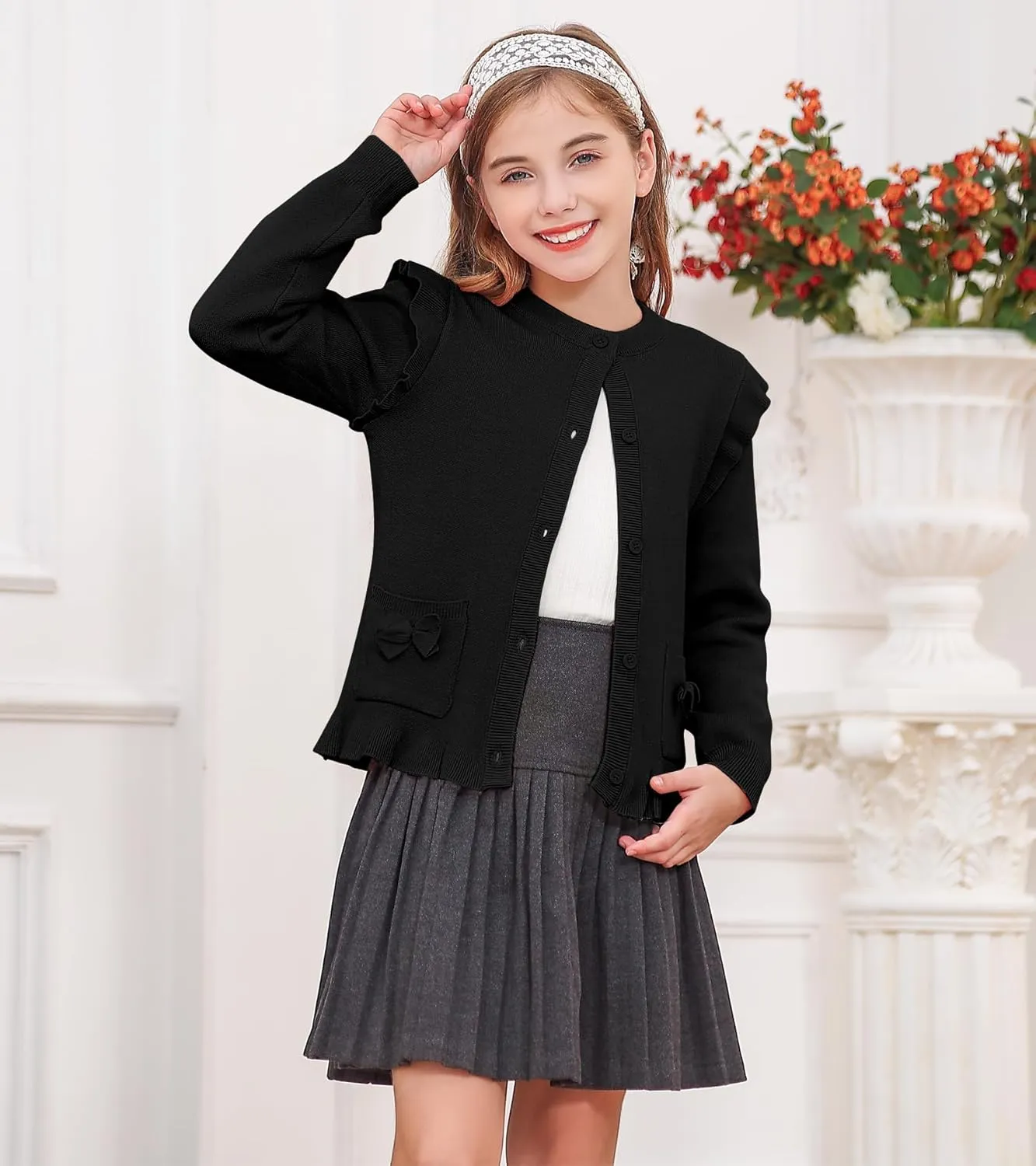 Girls Cardigan Sweater School Uniforms Button Crewneck Cute Ruffle Long Sleeve with Pockets Bowknot Knit Tops