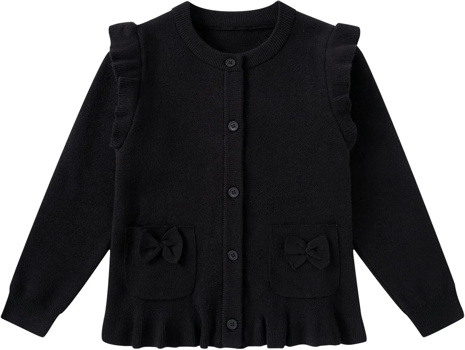 Girls Cardigan Sweater School Uniforms Button Crewneck Cute Ruffle Long Sleeve with Pockets Bowknot Knit Tops