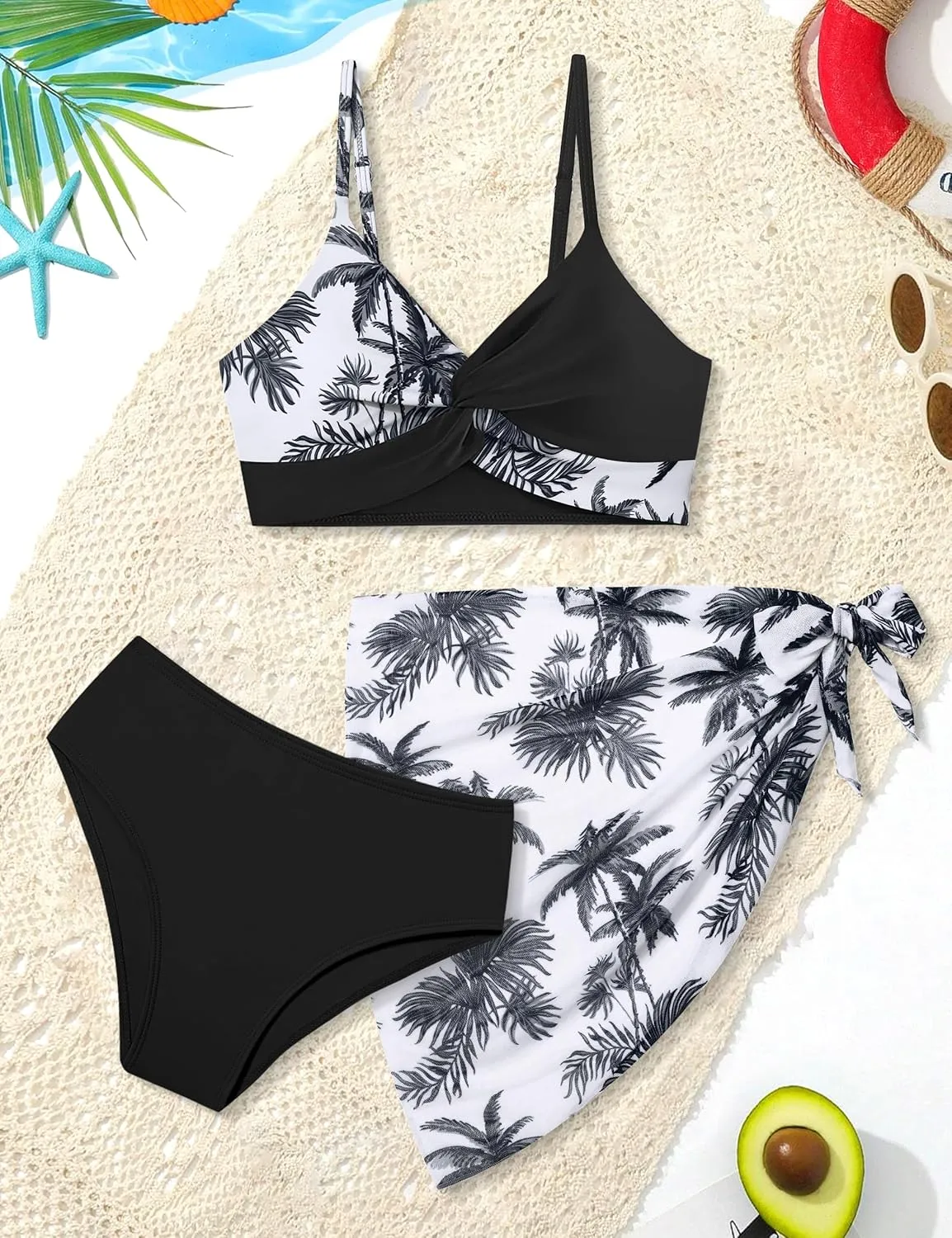 Girls Swimsuit, Bathing Suits 3 Piece Tropical Floral Twist Cross Bikini Sets Girls' Swimwear with Cover Up Skirt 7-16T