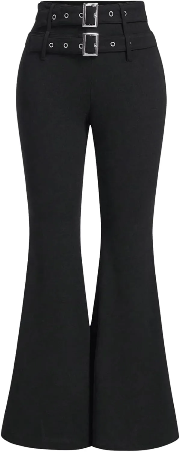 GORGLITTER Women's Flare Pants Double Buckle Belt Skinny Pants High Waist Trousers