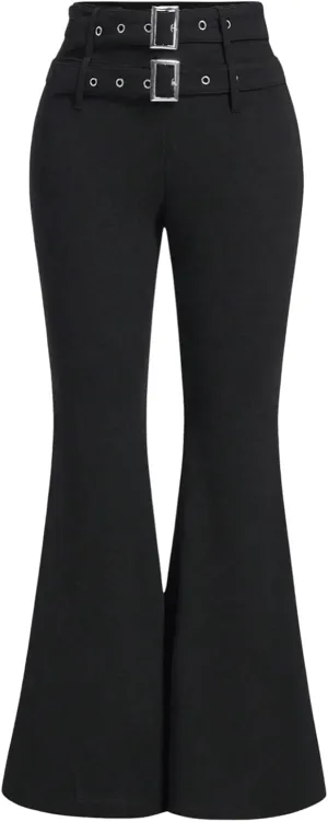 GORGLITTER Women's Flare Pants Double Buckle Belt Skinny Pants High Waist Trousers