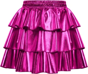 GRACE KARIN Girls Metallic Party Skirt Girls Fashion 3 Layer Ruffle Skirt 5-14Y