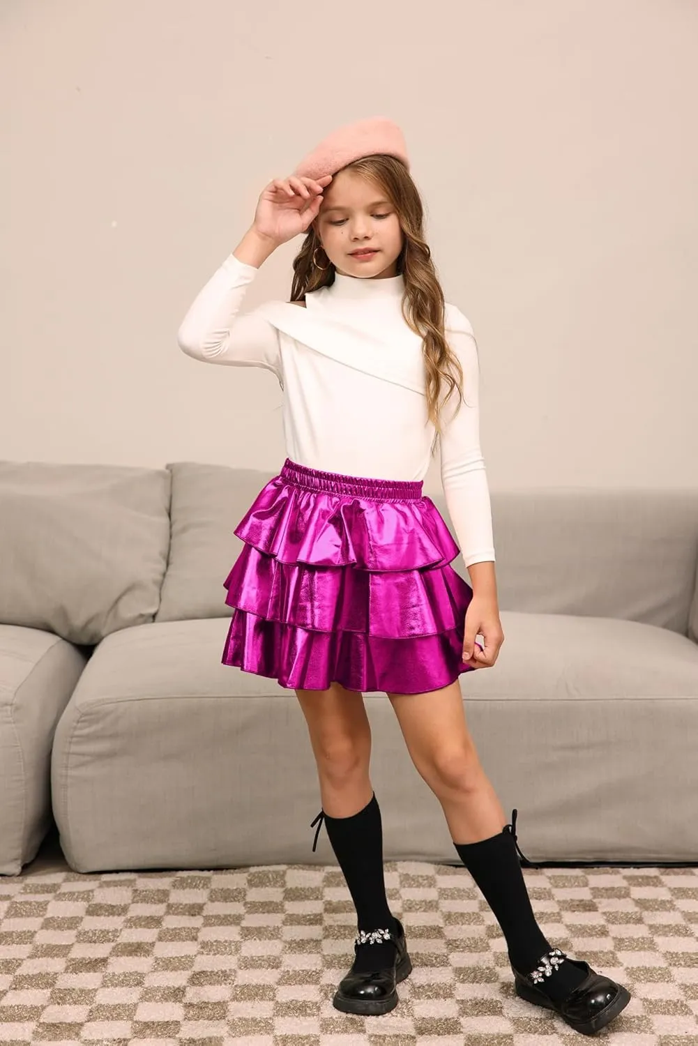 GRACE KARIN Girls Metallic Party Skirt Girls Fashion 3 Layer Ruffle Skirt 5-14Y