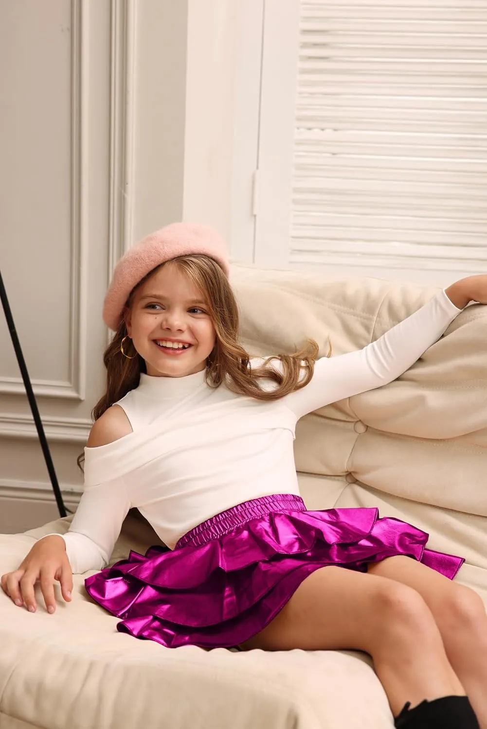 GRACE KARIN Girls Metallic Party Skirt Girls Fashion 3 Layer Ruffle Skirt 5-14Y