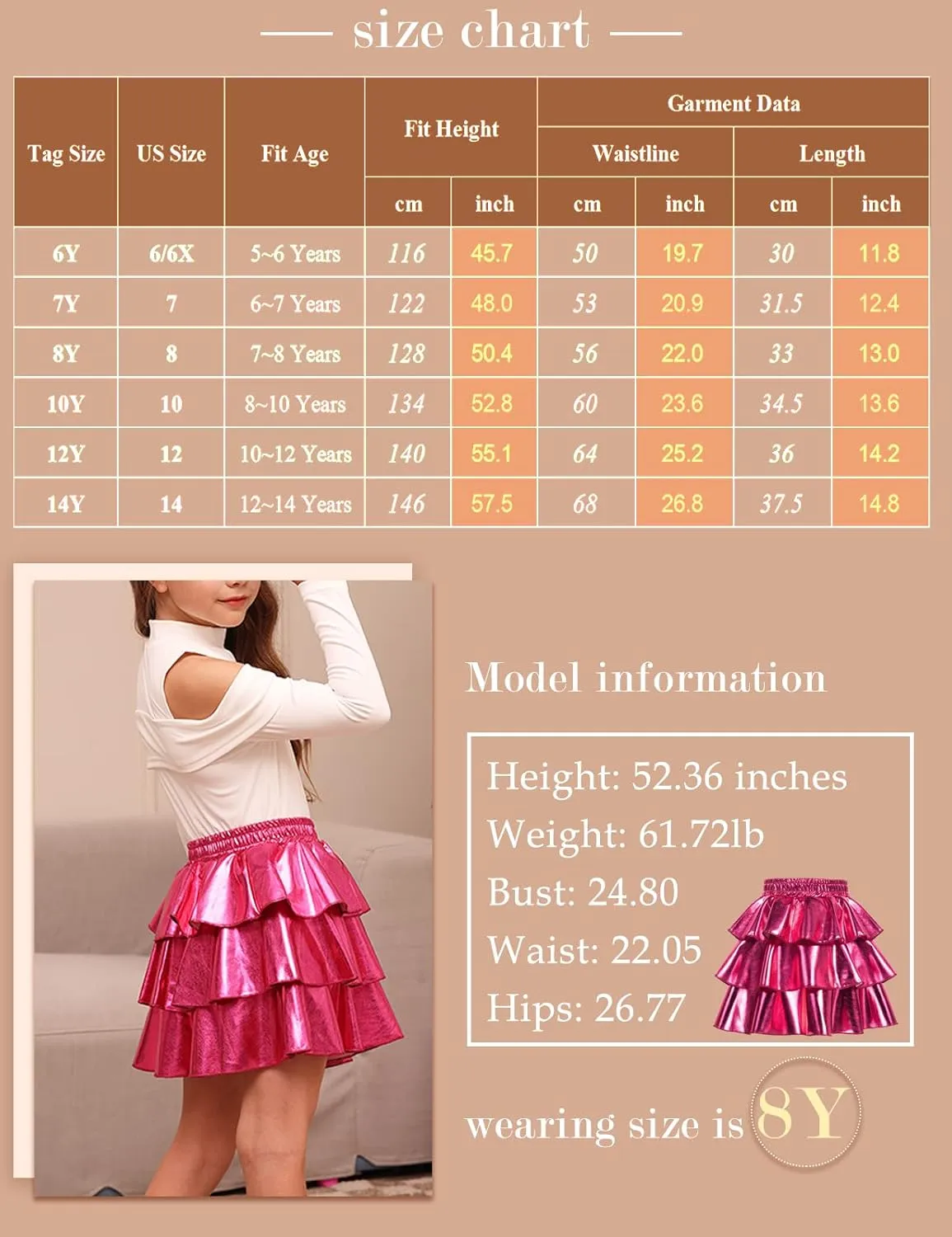 GRACE KARIN Girls Metallic Party Skirt Girls Fashion 3 Layer Ruffle Skirt 5-14Y