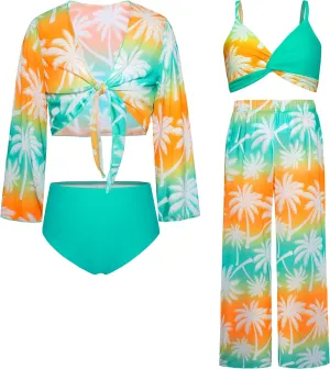 GRACE KARIN Teen Girls Bathing Suits Kids 4 Piece Long Sleeve Swimsuit Kimono Up Pants Bikini Tankini Set Swimwear
