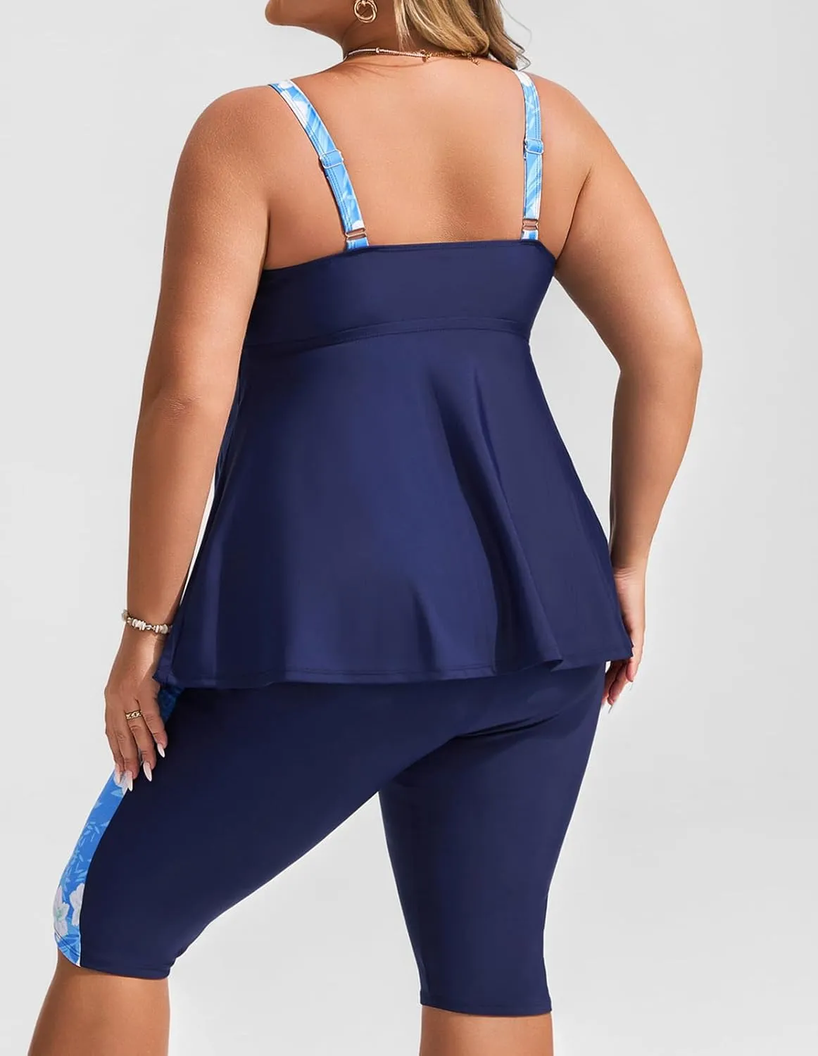 Hanna Nikole Women's Plus Size Tankini Swimsuits Two Piece Bathing Suit Flowy Rash Guard Swimwear with Capris Shorts