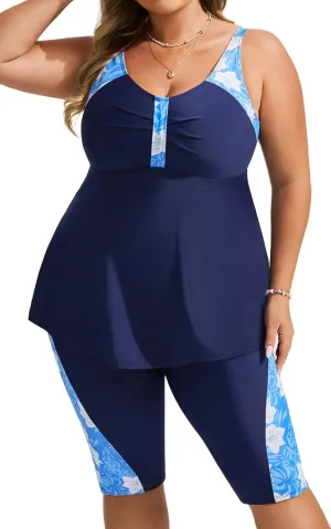 Hanna Nikole Women's Plus Size Tankini Swimsuits Two Piece Bathing Suit Flowy Rash Guard Swimwear with Capris Shorts