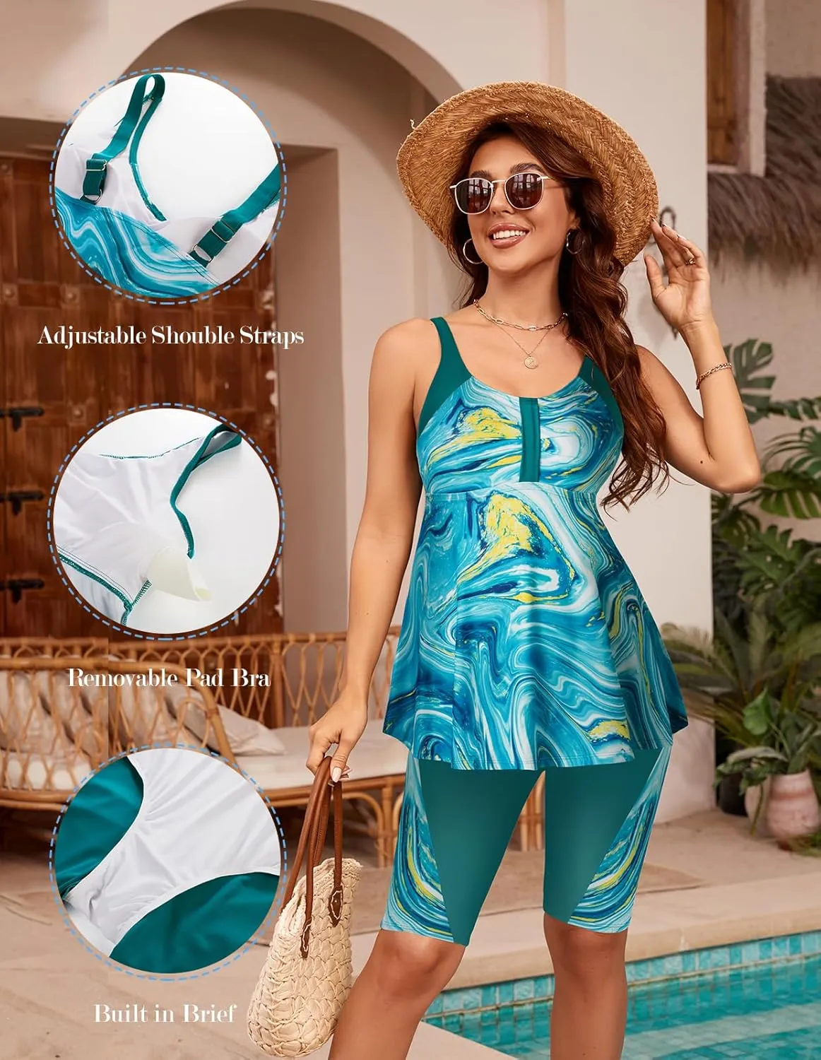 Hanna Nikole Women's Plus Size Tankini Swimsuits Two Piece Bathing Suit Flowy Rash Guard Swimwear with Capris Shorts