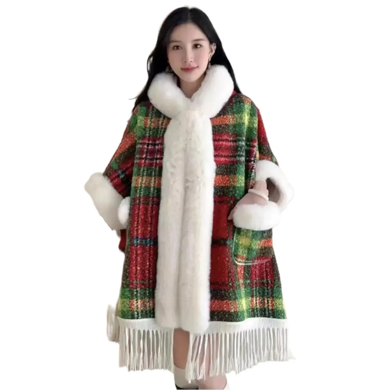 Hooded Overcoat Plaid Faux Lamb Fur Women’s Long Thick Velvet Poncho Cloak