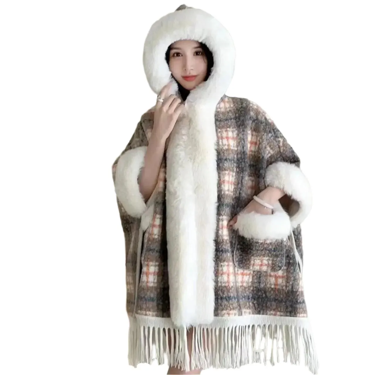 Hooded Overcoat Plaid Faux Lamb Fur Women’s Long Thick Velvet Poncho Cloak