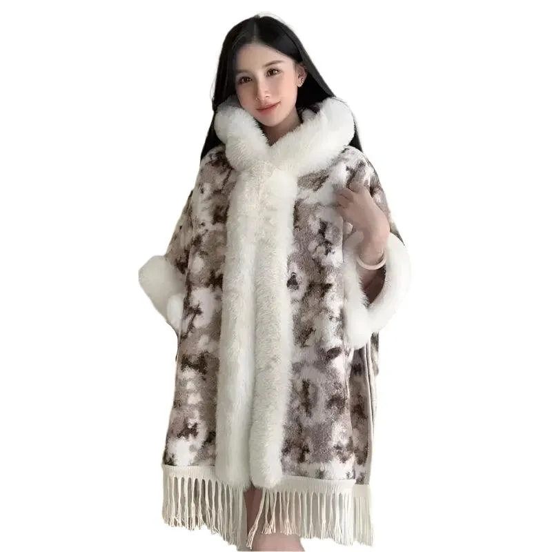 Hooded Overcoat Plaid Faux Lamb Fur Women’s Long Thick Velvet Poncho Cloak